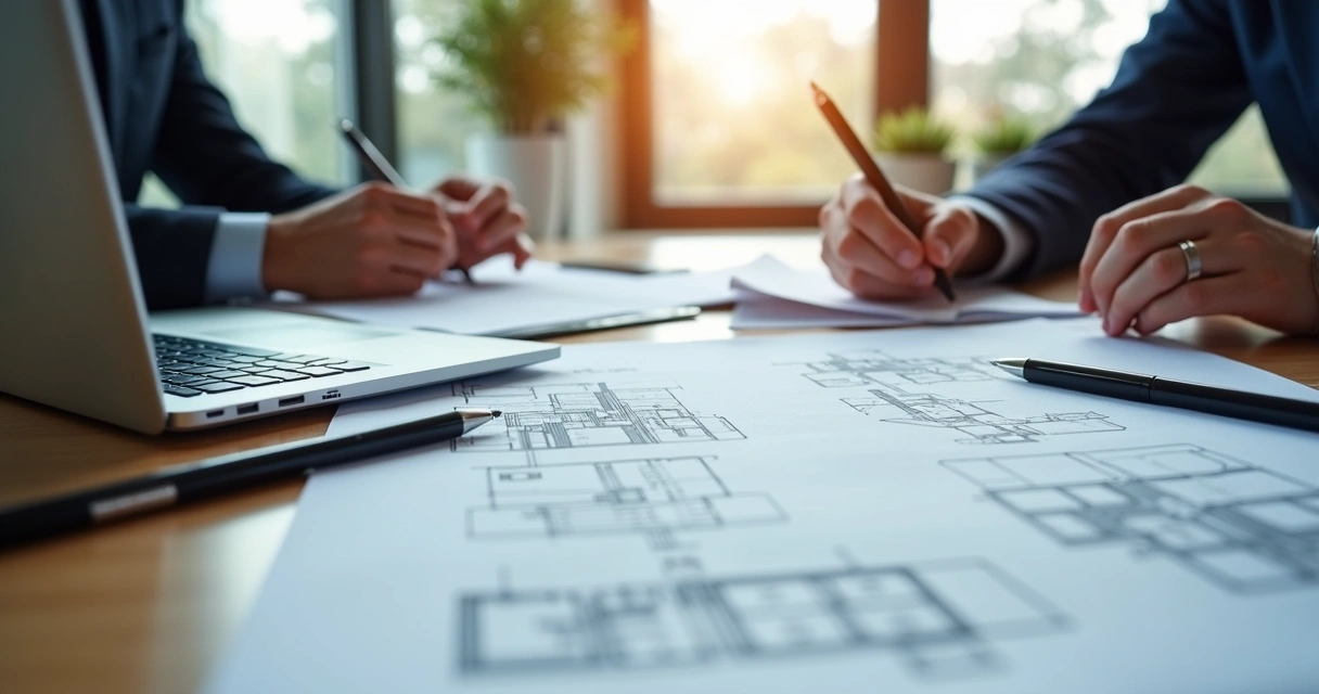 Mesa de escritório com documentos imobiliários, contratos, laptop aberto e planta arquitetônica sendo analisada por mãos profissionais sobre fundo claro