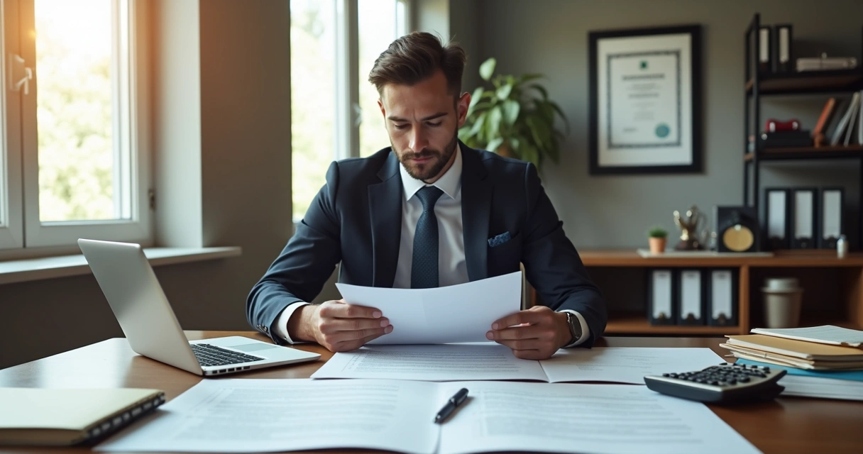 Empresário analisando documentos de licenças empresariais em ambiente de escritório moderno