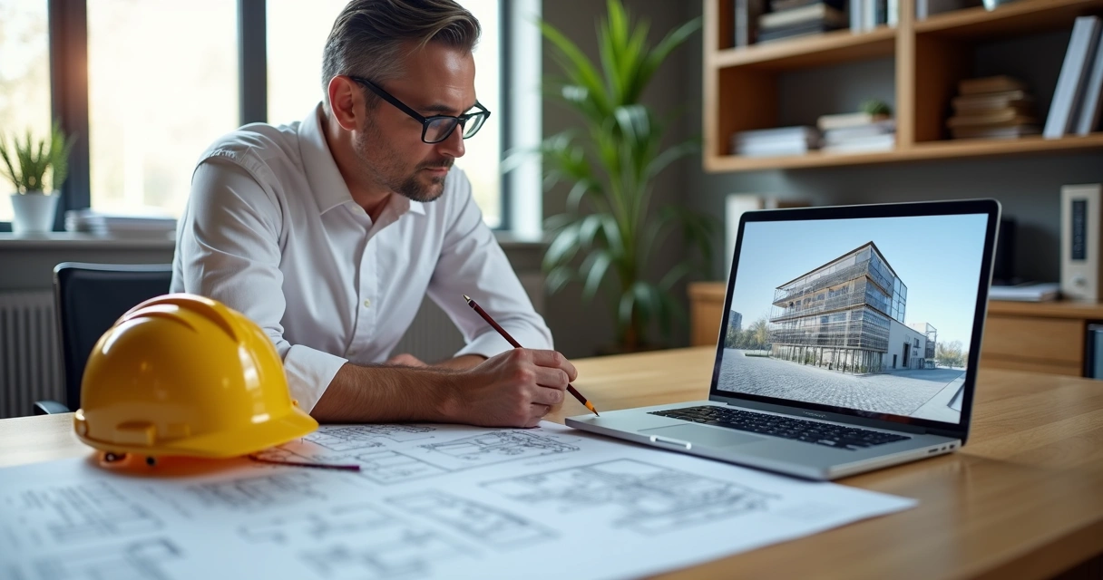 Engenheiro analisando projeto arquitetônico com plantas e laptop sobre mesa de escritório