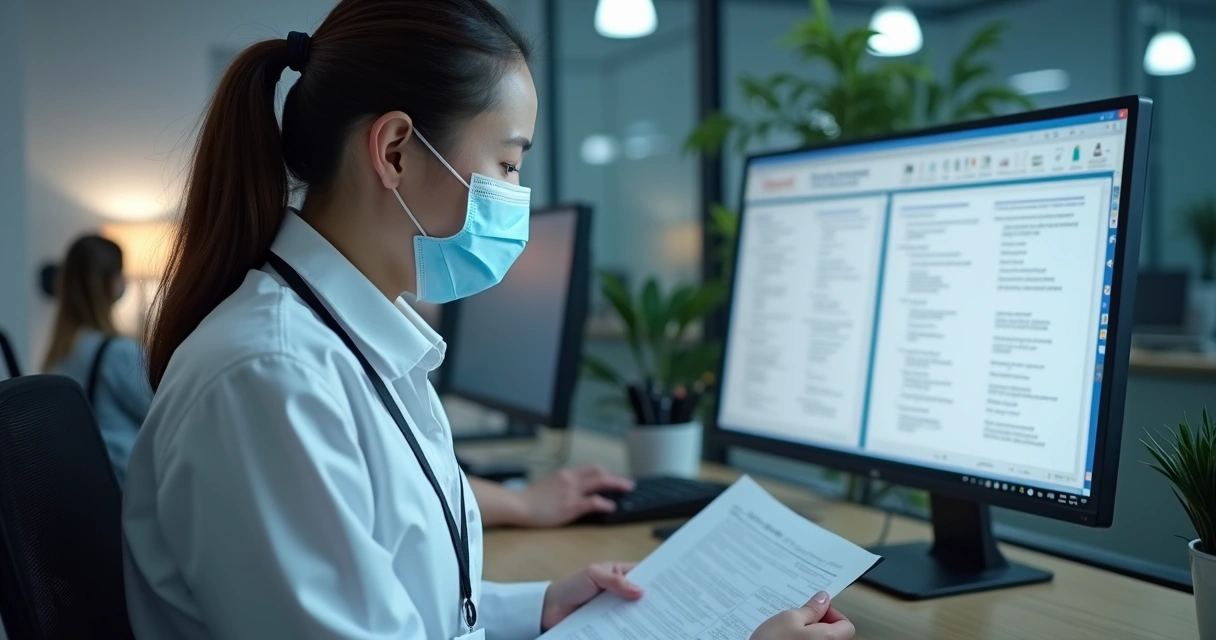 Agente de vigilância sanitária vistoriando documentação fiscal de empresa com crachá e máscara em ambiente comercial