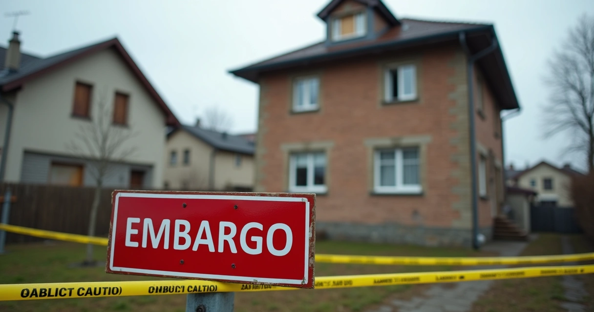 Prédio residencial com placa de embargo e fita de isolamento em área urbana