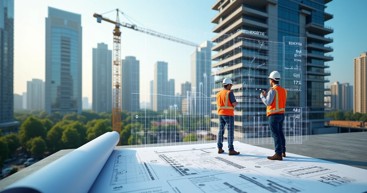 Prédio moderno em construção com gráficos e plantas arquitetônicas digitais ao fundo