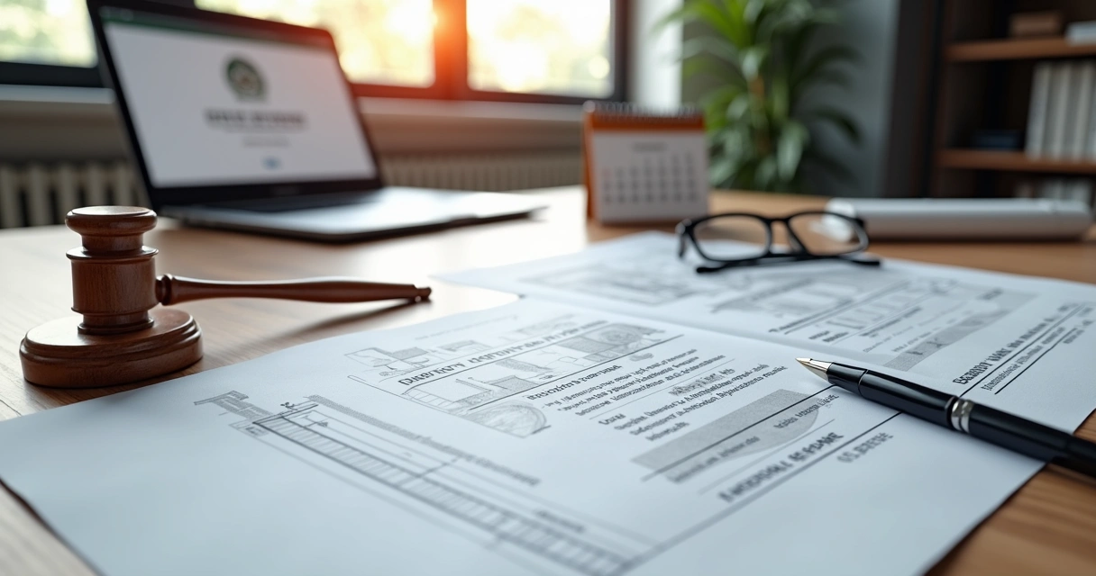 Mesa com documentos imobiliários, planta baixa, carimbos e laptop, simulando processo de regularização de imóvel