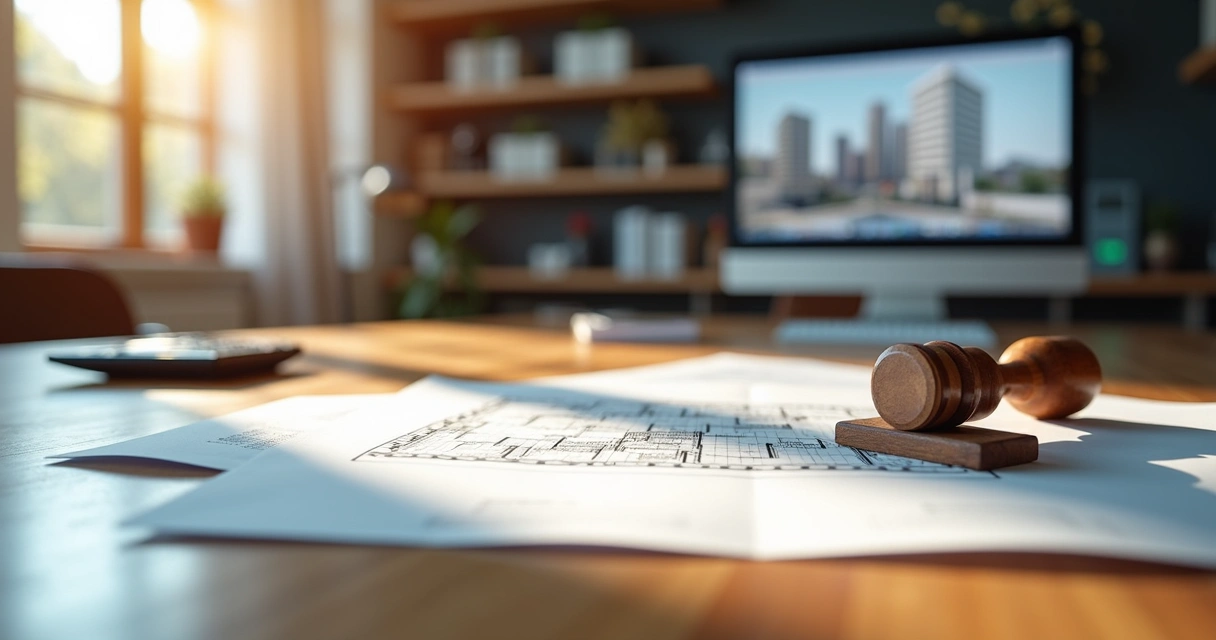 Mesa de escritório com plantas arquitetônicas, documentos legais e um carimbo sobre régua e calculadora