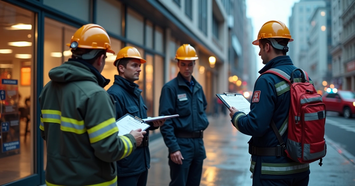 Equipe de bombeiros durante vistoria técnica em edifício comercial para emissão de AVCB e CLCB