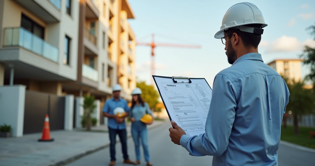 Engenheiro mostra planta e documentos de habite-se e alvará de construção a casal em frente a prédio em obra