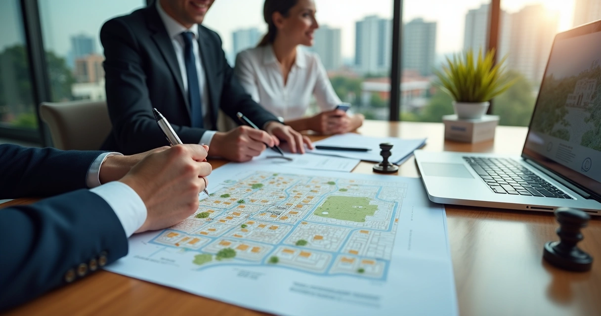 Consultor imobiliário orientando casal na assinatura de documentos de regularização fundiária