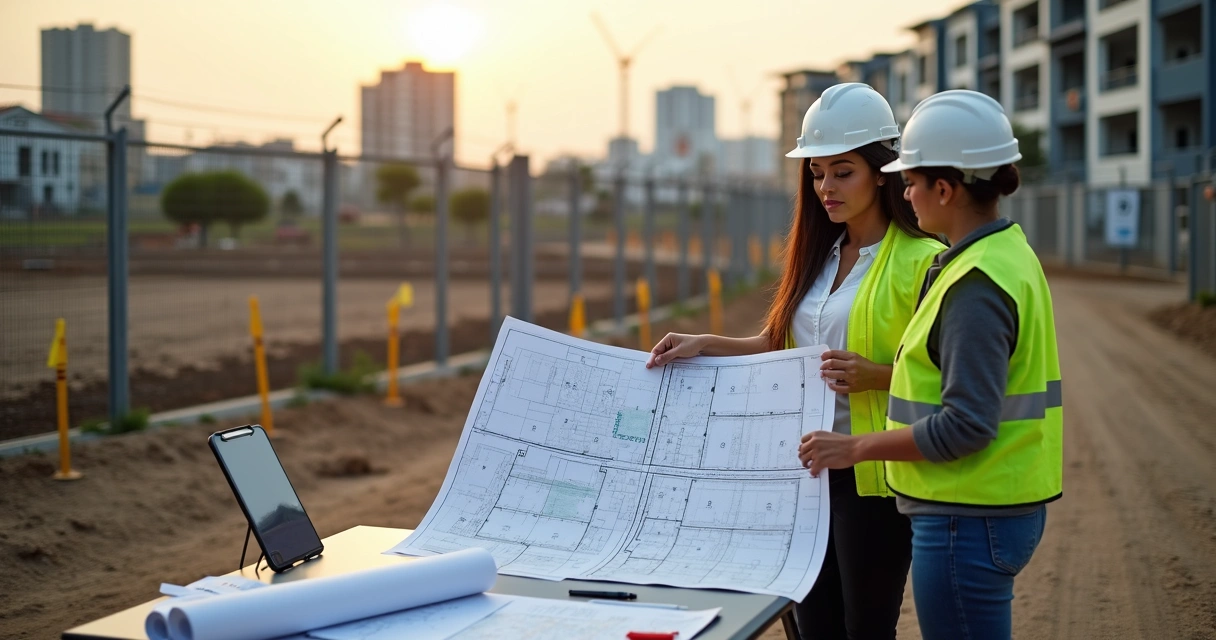 Engenheiro e proprietária analisando planta de desmembramento de terreno com fundo urbano