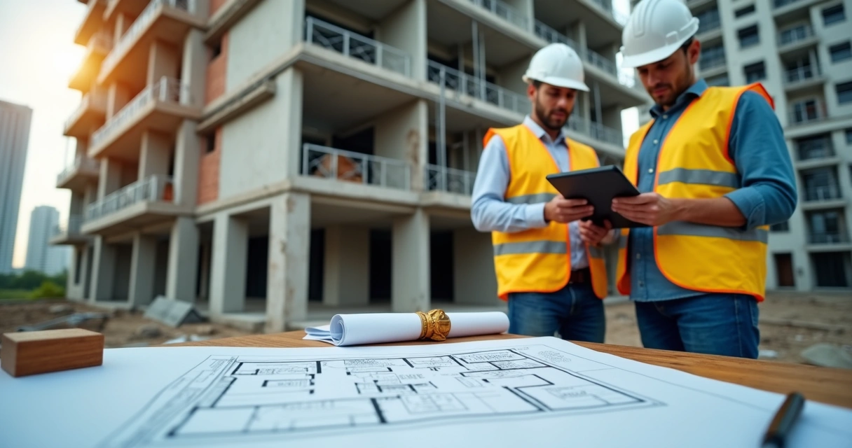 Engenheiro analisa planta de reforma com fachada de prédio em obras ao fundo