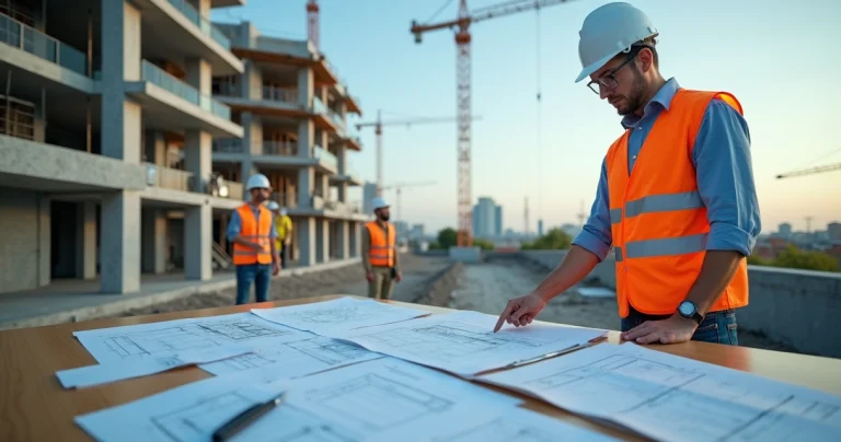 Engenheiro analisando plantas e documentos em obra em andamento