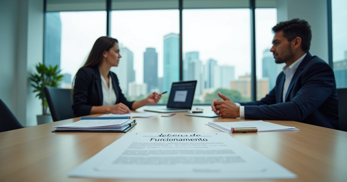 Consultor explica licença de funcionamento a empresária com documentos e laptop sobre a mesa