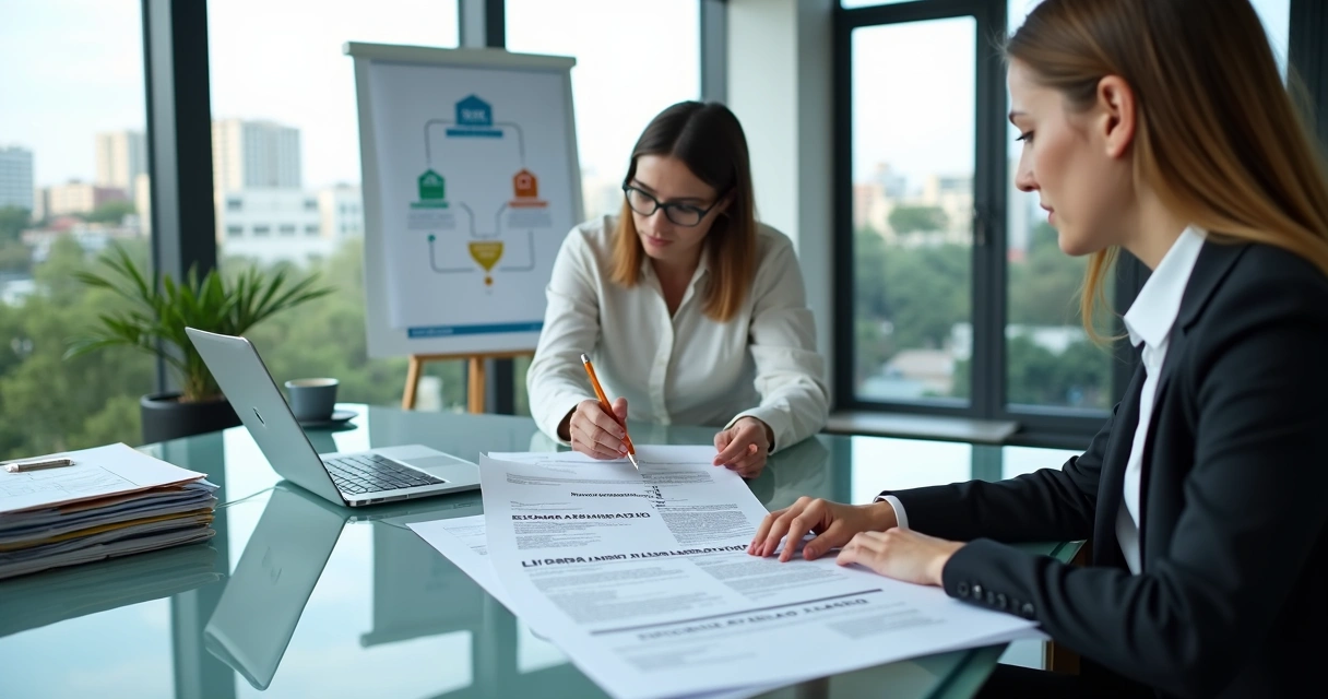 Consultor ambiental orientando empresária sobre licença de operação em escritório moderno
