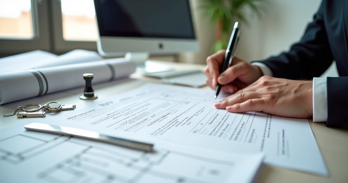 Mesa com planta de imóvel, chave e contrato sendo assinado em cartório