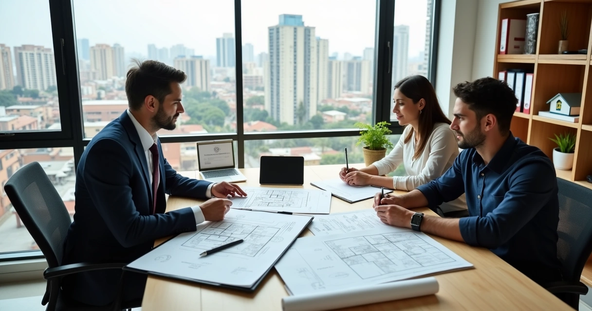 Consultor imobiliário apresentando documentos de regularização para casal em escritório moderno