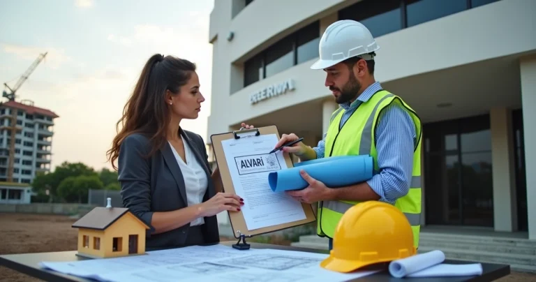 Engenheiro e proprietária analisando planta de obra com alvará aprovado em frente à prefeitura