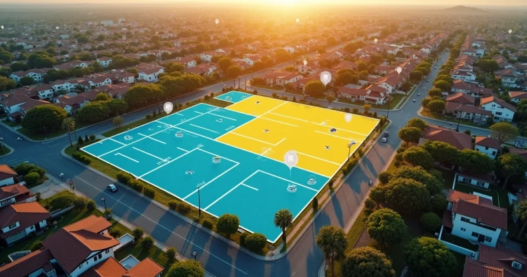 Mapa aéreo de bairro com terreno sendo dividido em lotes regulares