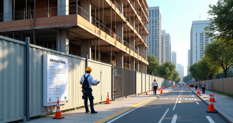 Fachada de prédio em construção com painel de aprovação do alvará ao lado do tapume