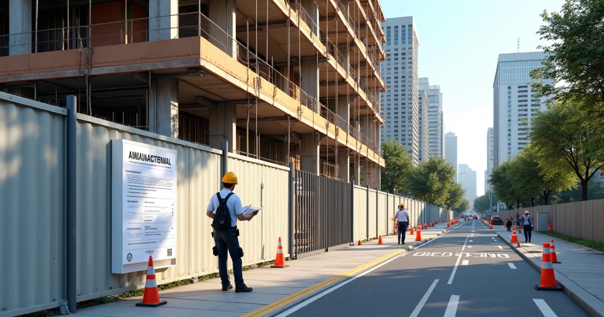 Fachada de prédio em construção com painel de aprovação do alvará ao lado do tapume