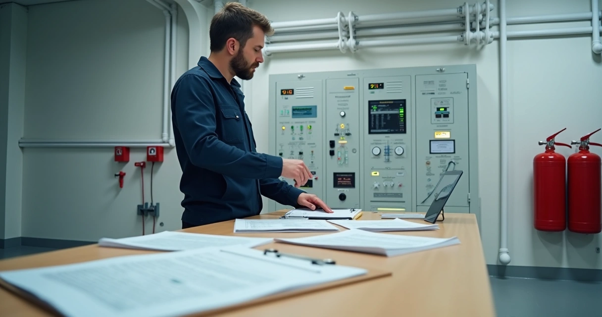 Técnico inspecionando painel de sistema de segurança predial com documentos ao lado