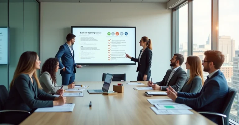 Quadro digital com checklist de licença de funcionamento em sala de reunião empresarial