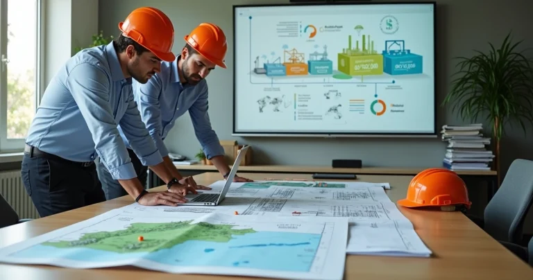 Técnicos analisando plantas de fábrica com mapas ambientais em mesa de escritório