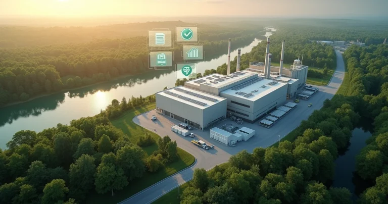 Vista aérea de indústria cercada por floresta com ícones de licença ambiental sobrepostos