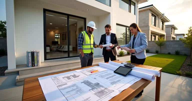 Arquitetos reorganizando documentos de regularização em frente a casa recém-construída