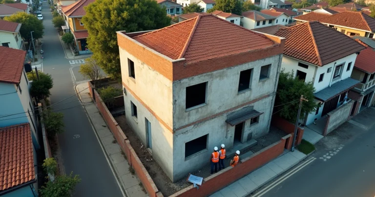 Vista aérea de bairro com construções irregulares e uma obra em regularização destacada