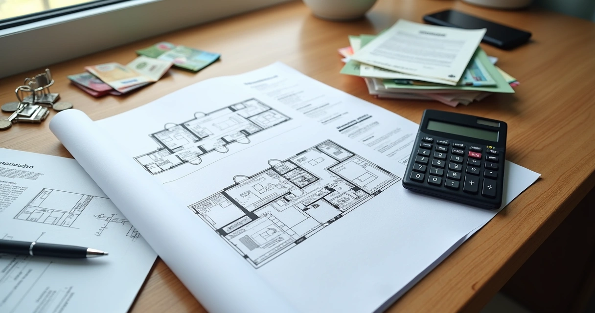 Mesa com planta de imóvel, calculadora e documentos de regularização imobiliária