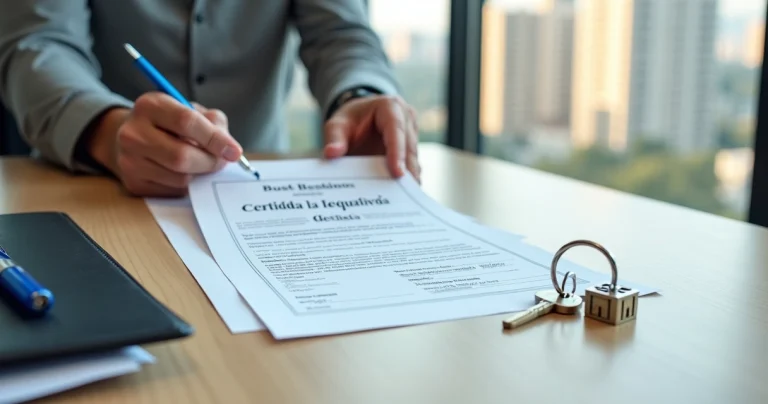 Cliente segurando certidão negativa de débitos ao lado de chave de imóvel e miniatura de prédio