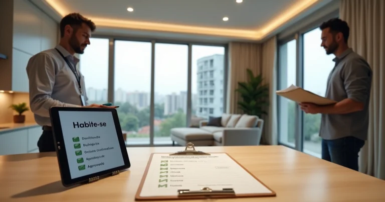 Fiscal e proprietária avaliando checklist de vistoria em apartamento pronto para habitar