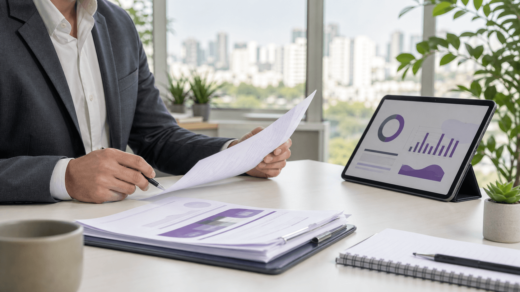 Consultor analisa documentos de licenciamento sanitário em São Paulo