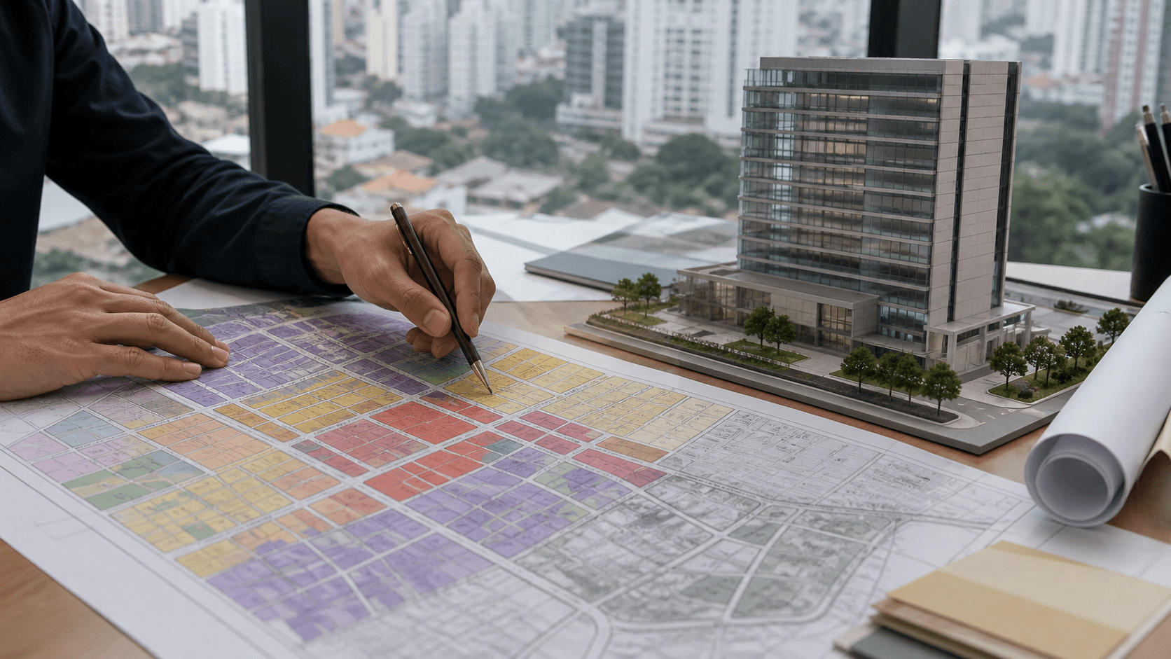 Arquiteto analisa mapa e planta para viabilidade de imóvel comercial